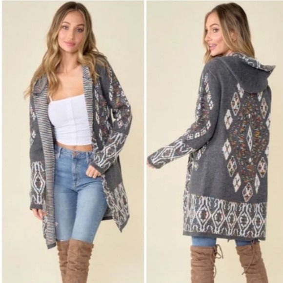New! Cozy Gray Western Boho Hooded Knit Cardigan Sweater - Picture 1 of 9